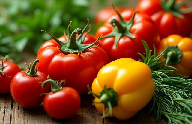 Detalii cu ingrediente proaspete, colorate, legume și ierburi aromate, esențiale în bucătăria românească.