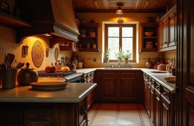 Interiorul primitor al bucătăriei tradiționale Bulera-julea, cu ustensile din lemn și elemente rustice.