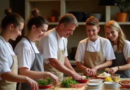 Grup de participanți zâmbitori gătind activ la un atelier practic într-o bucătărie tradițională.