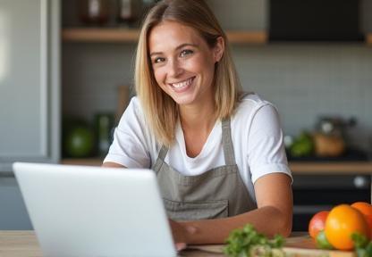 O instructoare zâmbitoare predând un curs de gătit online, gata să răspundă întrebărilor participanților de acasă.